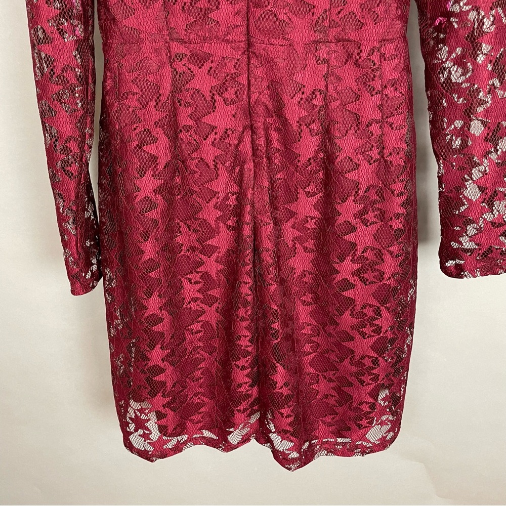 Betsey Johnson Dress Red Star Lace Sheath Illusion Long Sleeve Sheer Maroon 12 - Picture 11 of 14